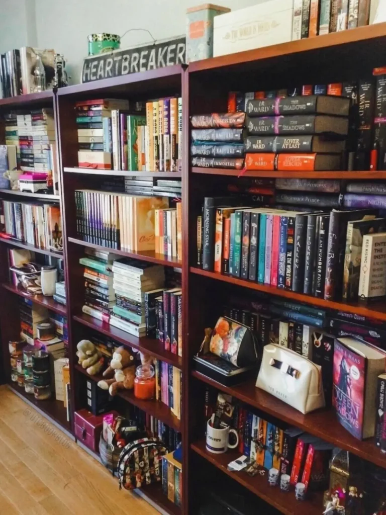 Dark wood bookshelves organized by genre then alphabetized