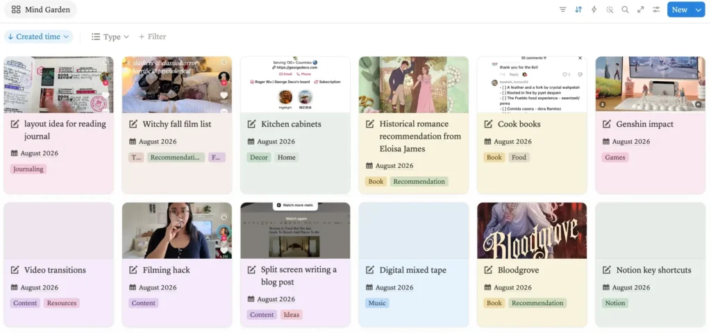 A grid of saved screenshots and notes in Bookmarked, covering a reading journal layout, a witchy film list, a book recommendation and more, each tagged and dated.
