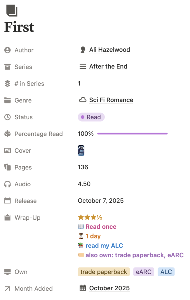 A book page in the Bookmarked Notion template showing one combined field with the star rating, times read, days taken, format read and other formats owned.