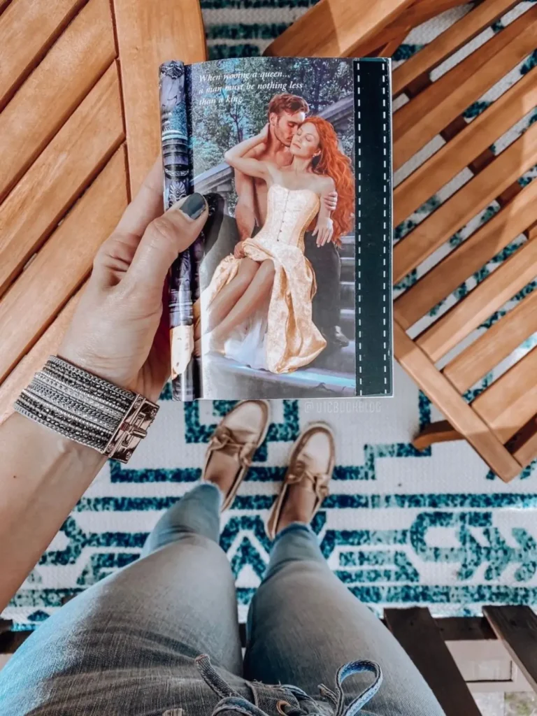 A stepback in a romance novel showing a couple in a romantic embrace