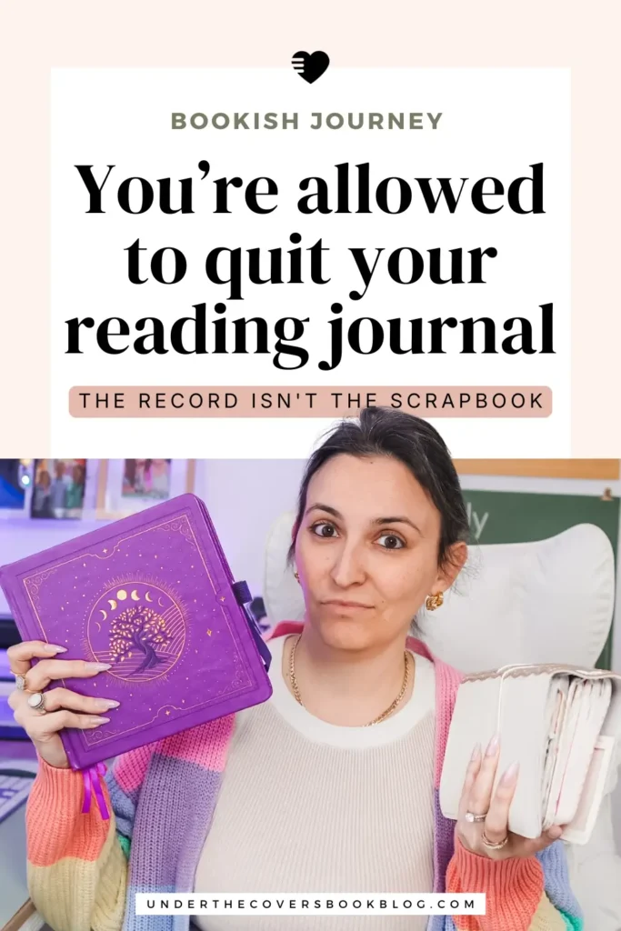 "I'm a planner girl and quit my reading journal. Here's what I do now." Francesca holds an open, fully filled notebook in one hand and an unused purple reading journal in the other.