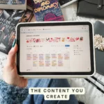 The content calendar in Bookmarked, an August month view with posts tagged by platform and status. Caption: The content you create.