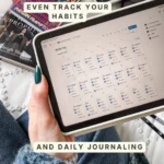 The daily log in Bookmarked, a month calendar with read, watch, journal and media log checkboxes ticked across August. Caption: Even track your habits and daily journaling.