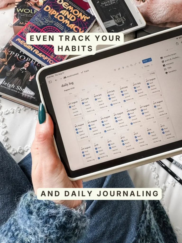The daily log in Bookmarked, a month calendar with read, watch, journal and media log checkboxes ticked across August. Caption: Even track your habits and daily journaling.