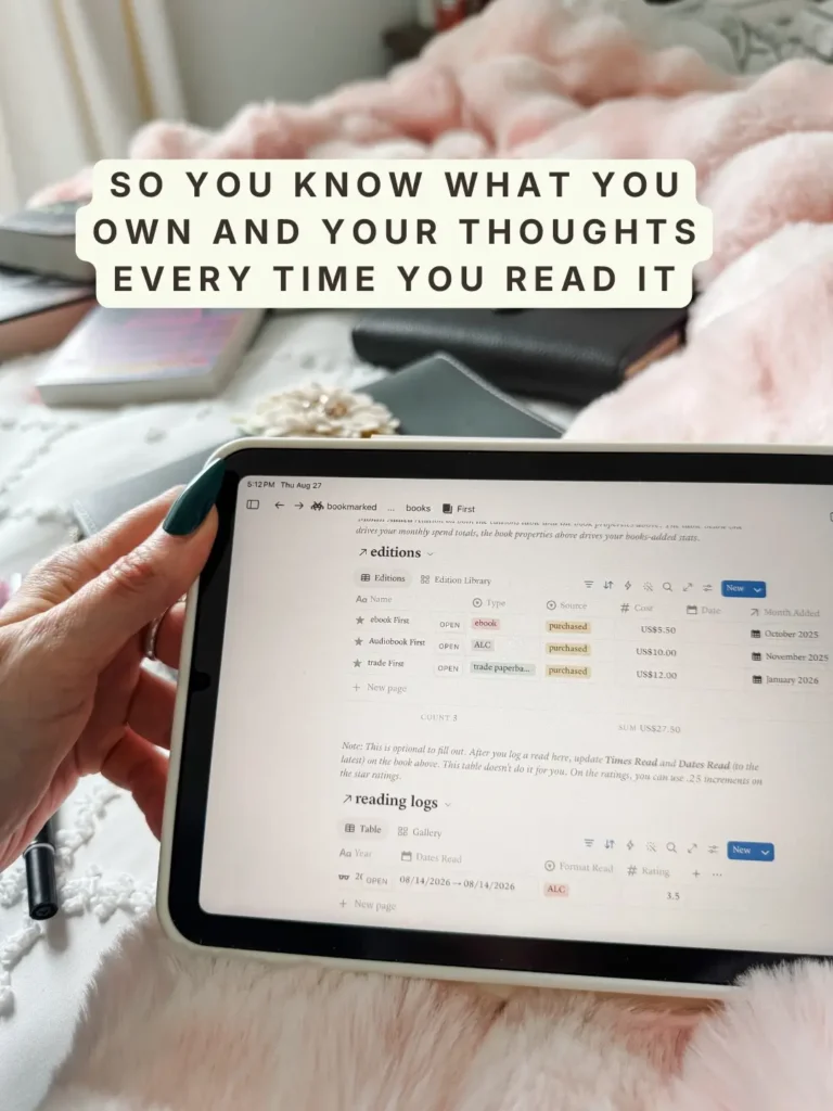 The editions and reading logs tables on a Bookmarked book page, listing three formats owned with their costs and a total. Caption: So you know what you own and your thoughts every time you read it.