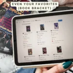 The favourites view in Bookmarked showing previous book bracket winners with covers, ratings and their winning month. Caption: Even your favourites, a book bracket.