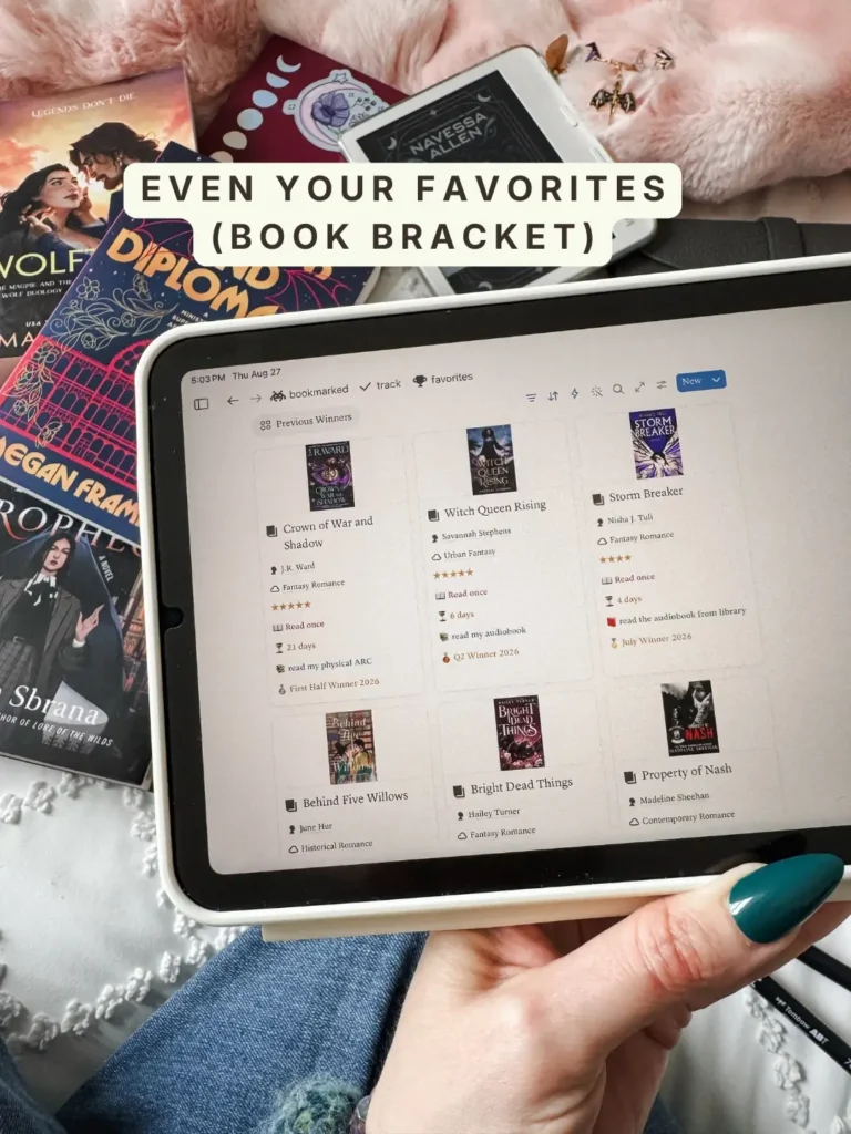 The favourites view in Bookmarked showing previous book bracket winners with covers, ratings and their winning month. Caption: Even your favourites, a book bracket.