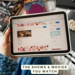 The watch section of Bookmarked showing Every Year After Season 1 at 2 of 8 episodes, next to an August monthly summary card. Caption: The shows and movies you watch.