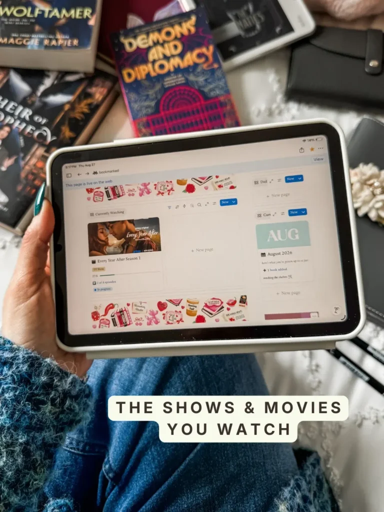 The watch section of Bookmarked showing Every Year After Season 1 at 2 of 8 episodes, next to an August monthly summary card. Caption: The shows and movies you watch.