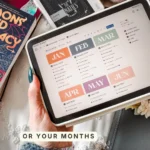 Twelve colour-blocked monthly cards in Bookmarked, January through June, each listing books added, books read, pages, listening hours and spend. Caption: Or your months.
