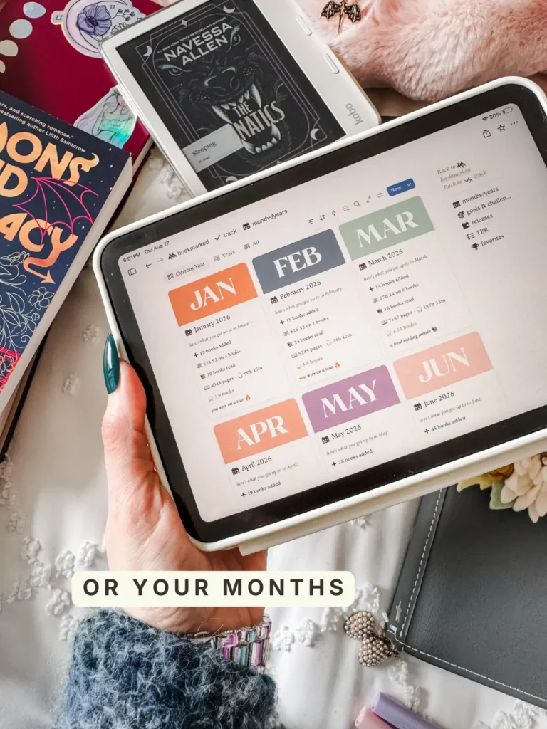 Twelve colour-blocked monthly cards in Bookmarked, January through June, each listing books added, books read, pages, listening hours and spend. Caption: Or your months.