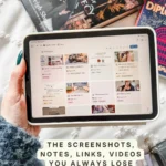 The Mind Garden view in Bookmarked, a grid of saved screenshots and notes covering a reading journal layout, a film list, a book recommendation and kitchen cabinets. Caption: The screenshots, notes, links and videos you always lose.