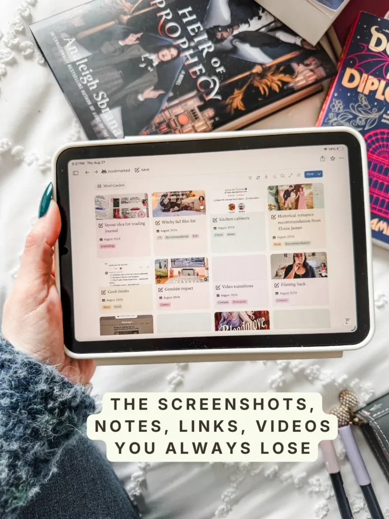 The Mind Garden view in Bookmarked, a grid of saved screenshots and notes covering a reading journal layout, a film list, a book recommendation and kitchen cabinets. Caption: The screenshots, notes, links and videos you always lose.