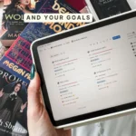 The goals and challenges view in Bookmarked showing four progress bars with pace notes like "a nose in front" and "a bit behind, catchable." Caption: And your goals.