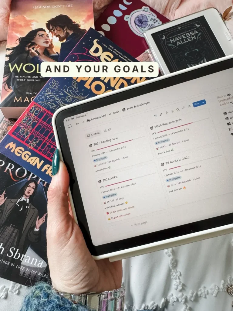 The goals and challenges view in Bookmarked showing four progress bars with pace notes like "a nose in front" and "a bit behind, catchable." Caption: And your goals.