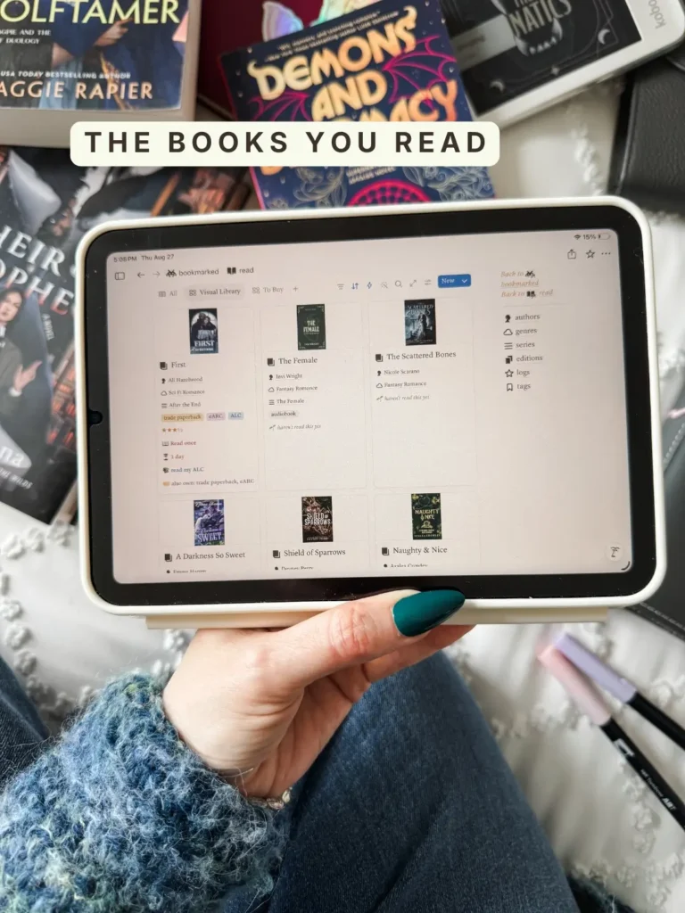 The Visual Library view in Bookmarked, showing book covers with author, genre, format owned, star rating and read status. Caption: The books you read.