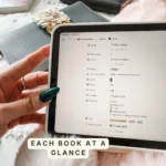 A single book page in Bookmarked showing series, genre, status, pages, release date, star rating, formats owned and month added. Caption: Each book at a glance.