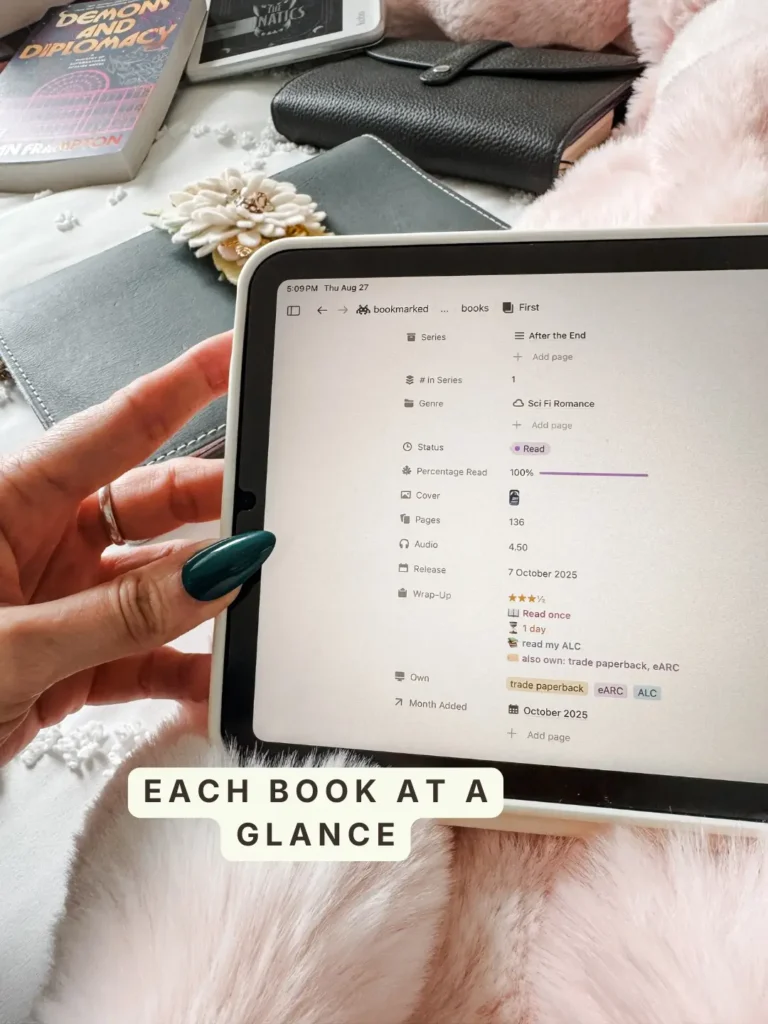 A single book page in Bookmarked showing series, genre, status, pages, release date, star rating, formats owned and month added. Caption: Each book at a glance.
