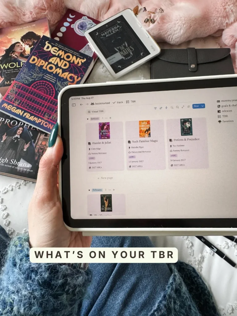The TBR view in Bookmarked, book covers grouped by the month they're due with release dates and ARC tags. Caption: What's on your TBR.