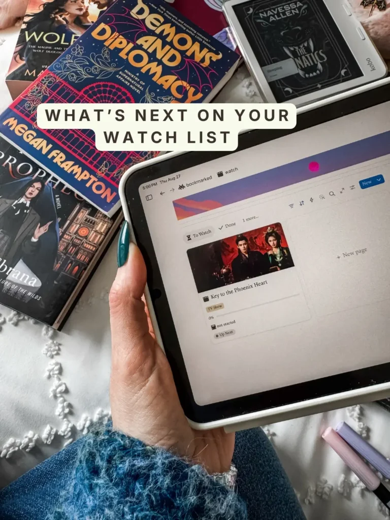 The To Watch queue in Bookmarked showing Key to the Phoenix Heart marked not started and up next. Caption: What's next on your watch list.